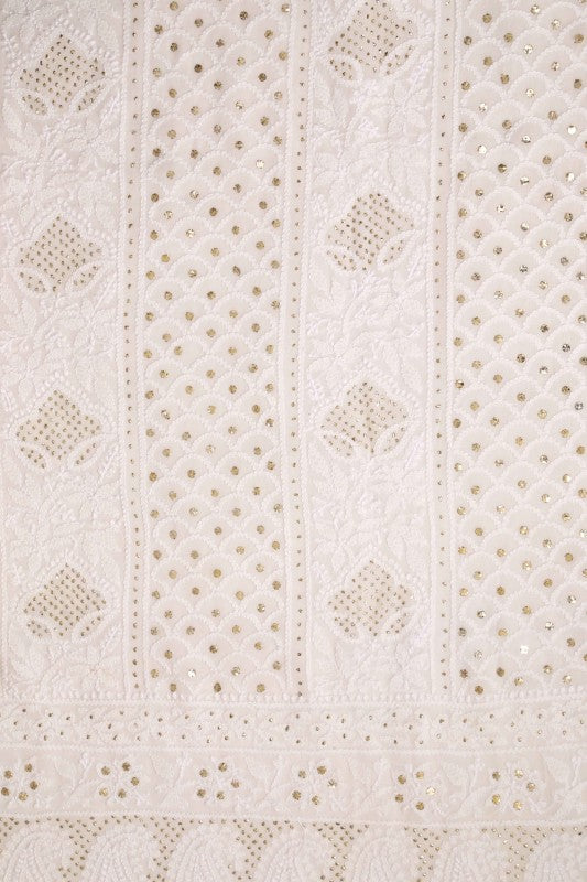 Ada Hand Embroidered White Pure Georgette Lucknowi Chikan Unstitched Kurta Dupatta With Muqaish Work–A560187