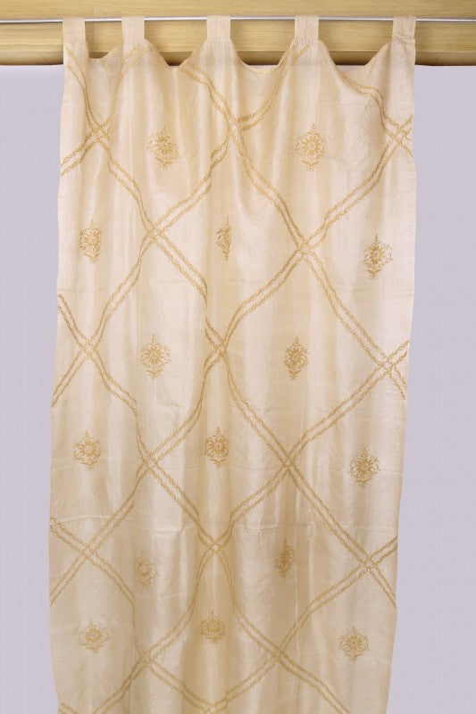 Ada Hand Embroidered Natural Fawn Tussar Silk Lucknowi Chikankari Curtain A478314