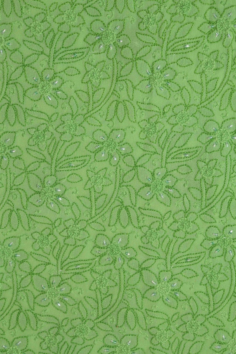 Ada Hand Embroidered Green Pure Georgette Lucknowi Chikan Unstitched Kurta Dupatta Set With Pearl Work-A279695