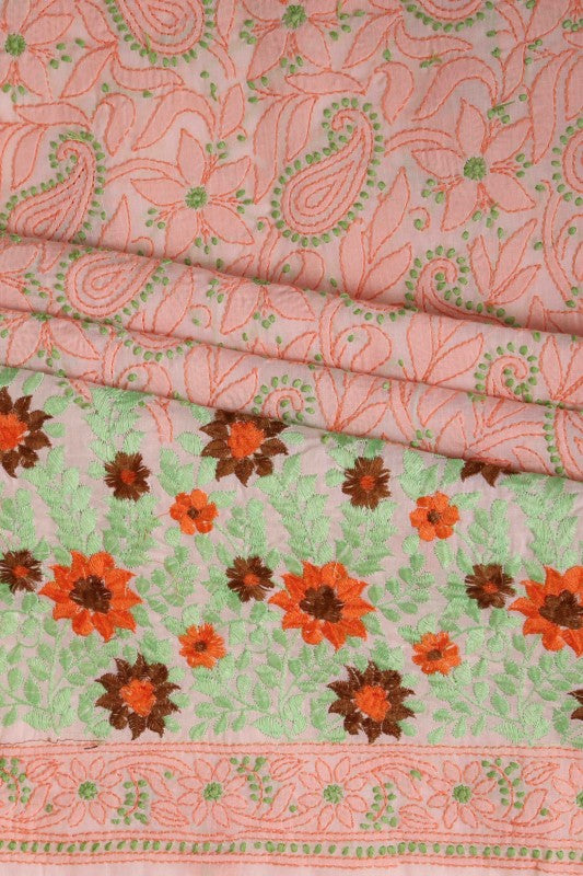 Ada Hand Embroidered Peach Cotton Lucknowi Chikan Unstitched Suit Piece-A100162