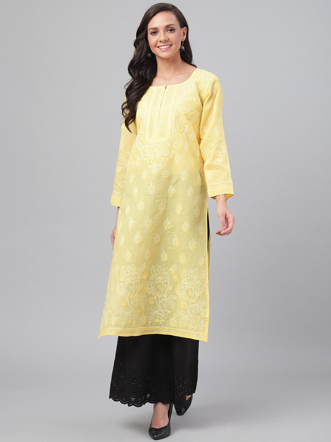 Ada Hand Embroidered Yellow Cotton Lucknowi Chikankari Straight Kurta A229829