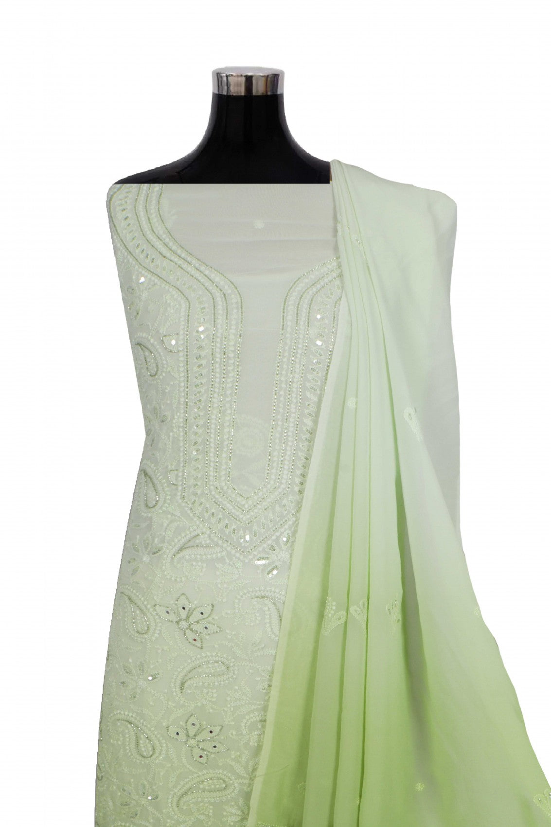 Ada Hand Embroidered Mint Green & Green Ombre Shade Georgette Lucknowi Chikankari Unstitched Kurta Dupatta Set With Cutdana Work 01A255322