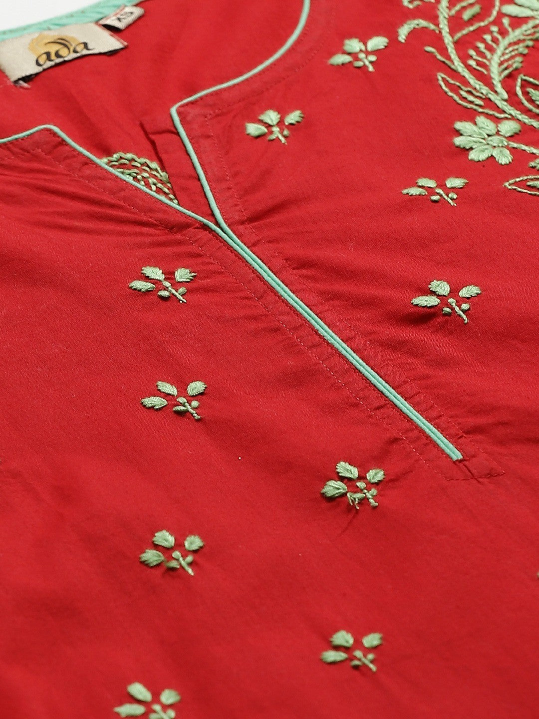 Ada Hand Embroidered Red Cotton Lucknowi Chikankari Straight Kurta With Trouser Set A811129