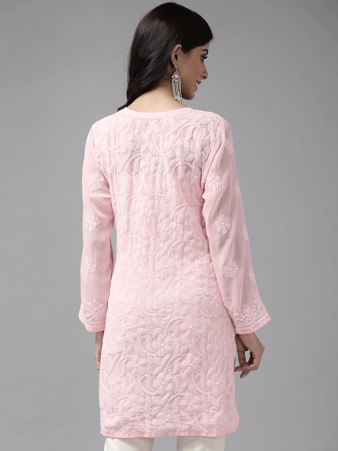 Ada Hand Embroidered Pink Georgette Lucknow Chikan Kurti A911128