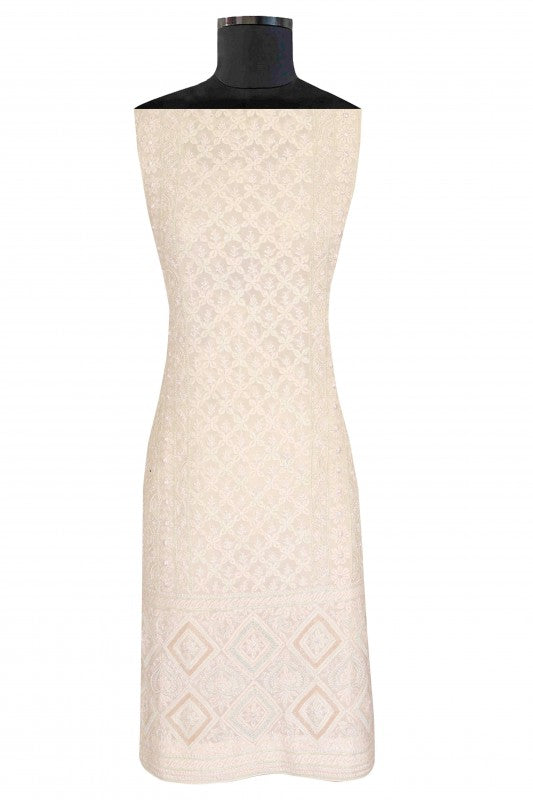 Ada Hand Embroidered White Pure Georgette Lucknowi Chikan Unstitched Kurta Dupatta Set With Pearl Work-A621919