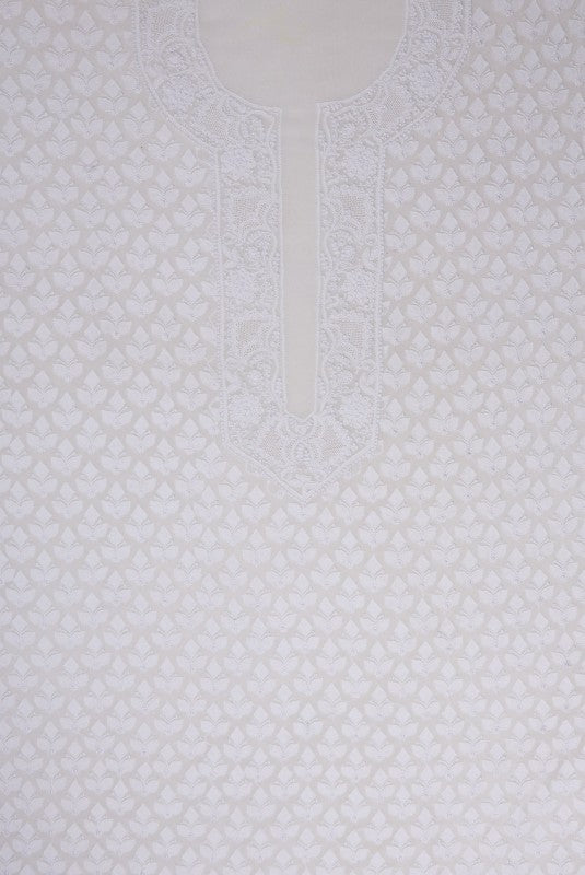 Ada Hand Embroidered White Pure Georgette Lucknowi Chikan Unstitched Men's Kurta Piece A595411
