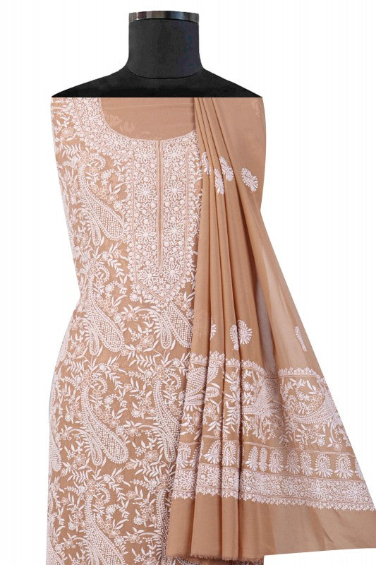 Ada Hand Embroidered Fawn Pure Georgette Lucknowi Chikan Unstitched Suit Piece A360354