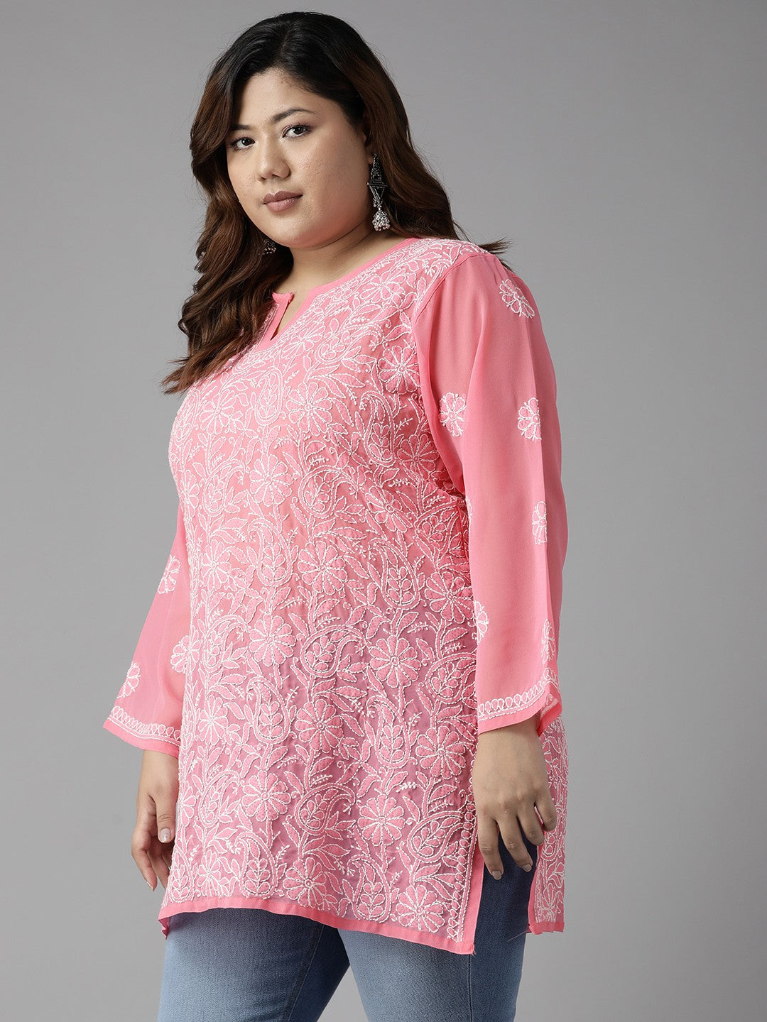 Ada Hand Embroidered Rose Pink Georgette Lucknowi Chikankari Straight Kurti A911225
