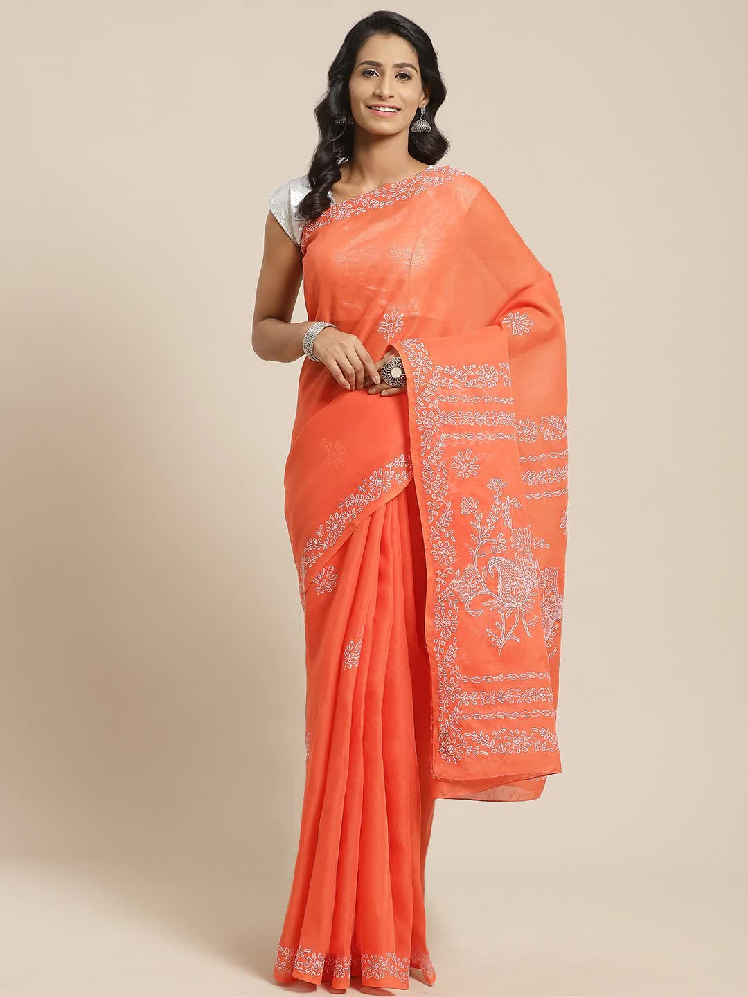 Ada Hand Embroidered Rust Cotton Lucknow Chikan Saree With Blouse- A311125