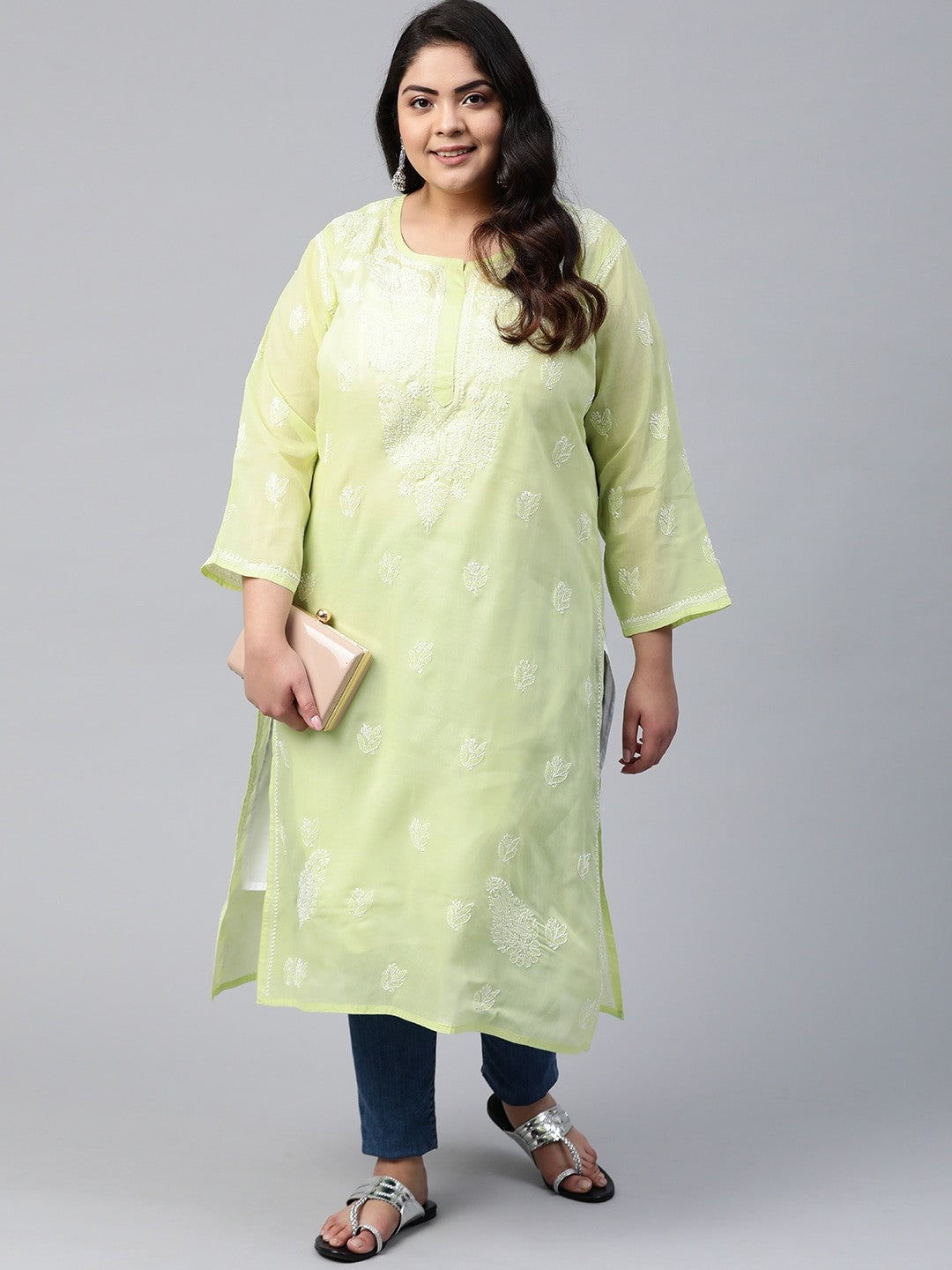 Ada Hand Embroidered Green Cotton Lucknow Chikankari Straight Kurta A133643