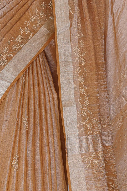 Ada Hand Embroidered Copper Brown Tissue Lucknow Chikan Saree With Blouse-A615150