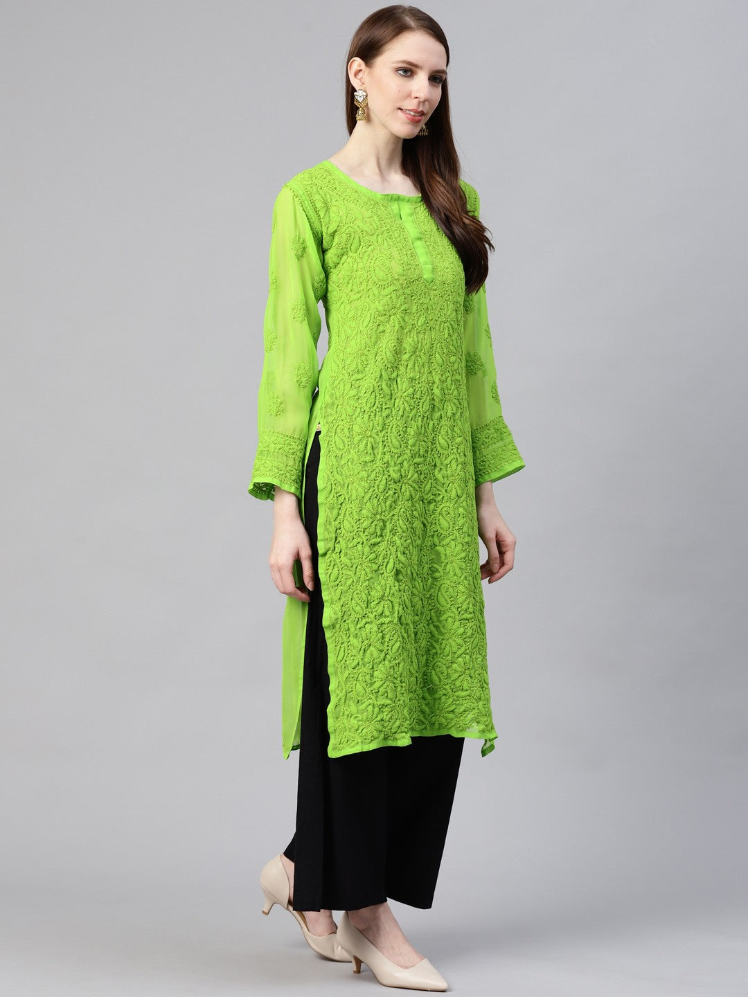 Ada Hand Embroidered Green Georgette Lucknow Chikankari Straight Kurta A100587