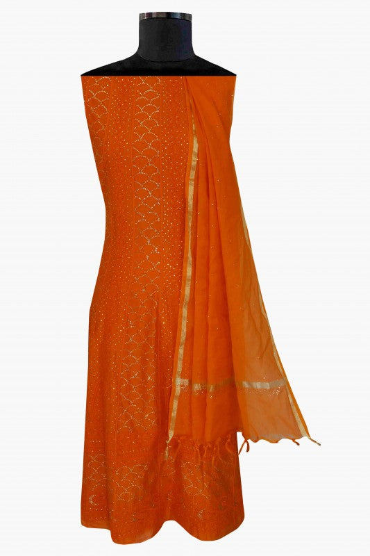 Ada Hand Embroidered Orange Chanderi Chikan Semi-stitched Anarkali Kurta Dupatta With Muqaish Work-A623106