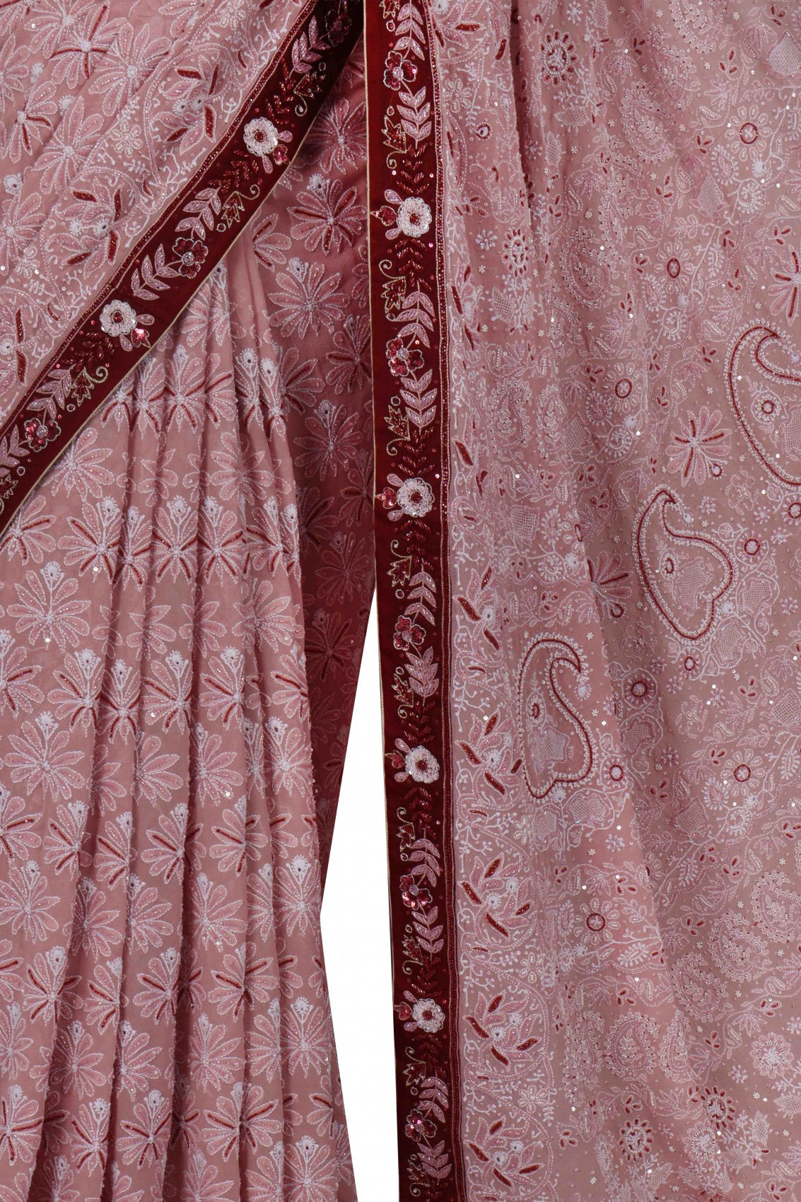 Ada Hand Embroidered Onion Pink Pure Georgette Lucknowi Chikankari Saree/Blouse With Cutdana Work 01A114645
