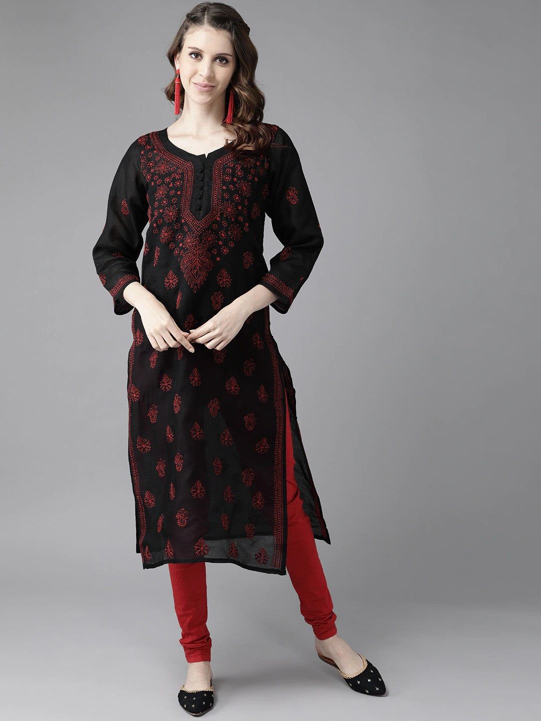 Ada Hand Embroidered Black Cotton Lucknowi Chikankari Kurta Set A811171