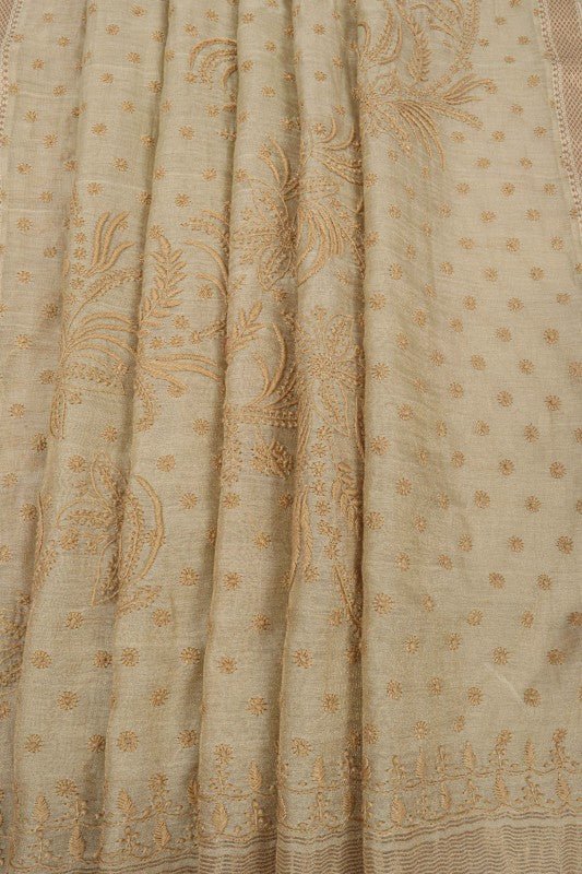Ada Hand Embroidered Light Olive Green Tissue Lucknowi Chikankari Saree With Blouse A615158