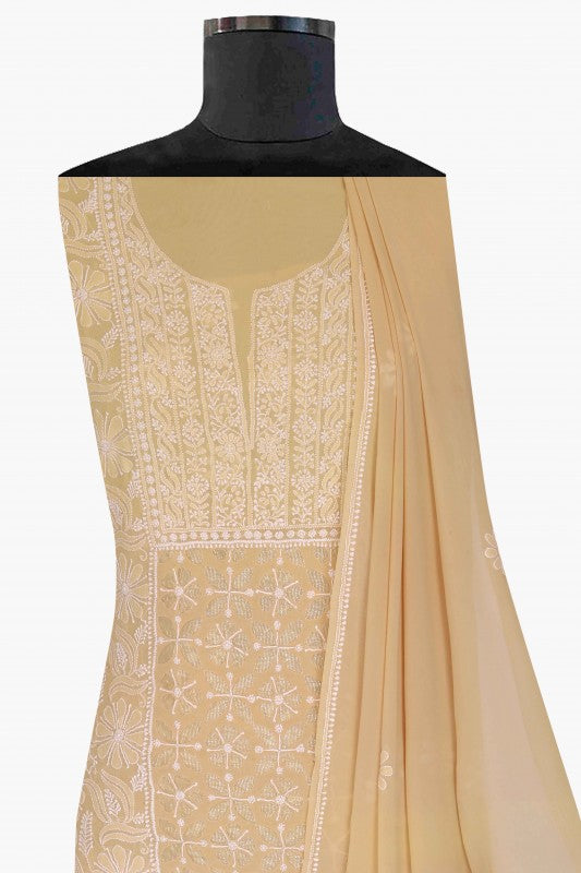 Ada Hand Embroidered Fawn Pure Georgette Lucknowi Chikan Unstitched Kurta Dupatta Set A306716