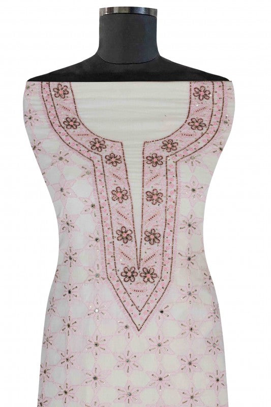 Ada Hand Embroidered Cream Cotton Chikan Unstitched Kurta Piece-A176684