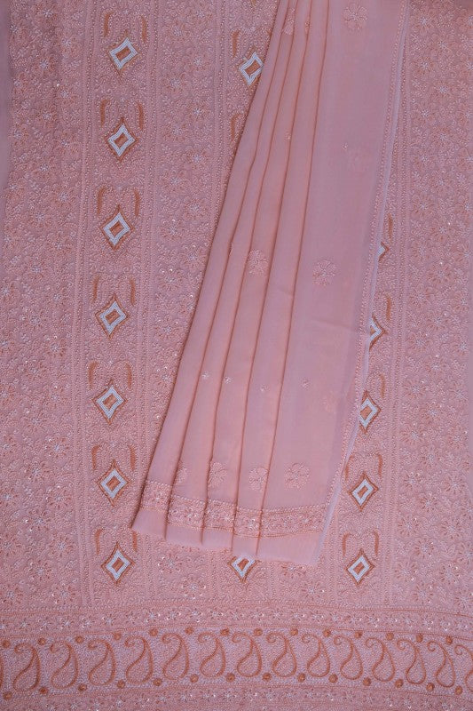 Ada Hand Embroidered Peach Georgette Lucknowi Chikankari Unstitched Kurta Dupatta Set With Pearl Work A586225
