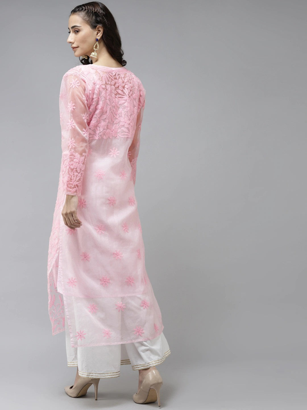 Ada Hand Embroidered Pink Organza Lucknowi Chikankari Straight Kurta With Slip A411237
