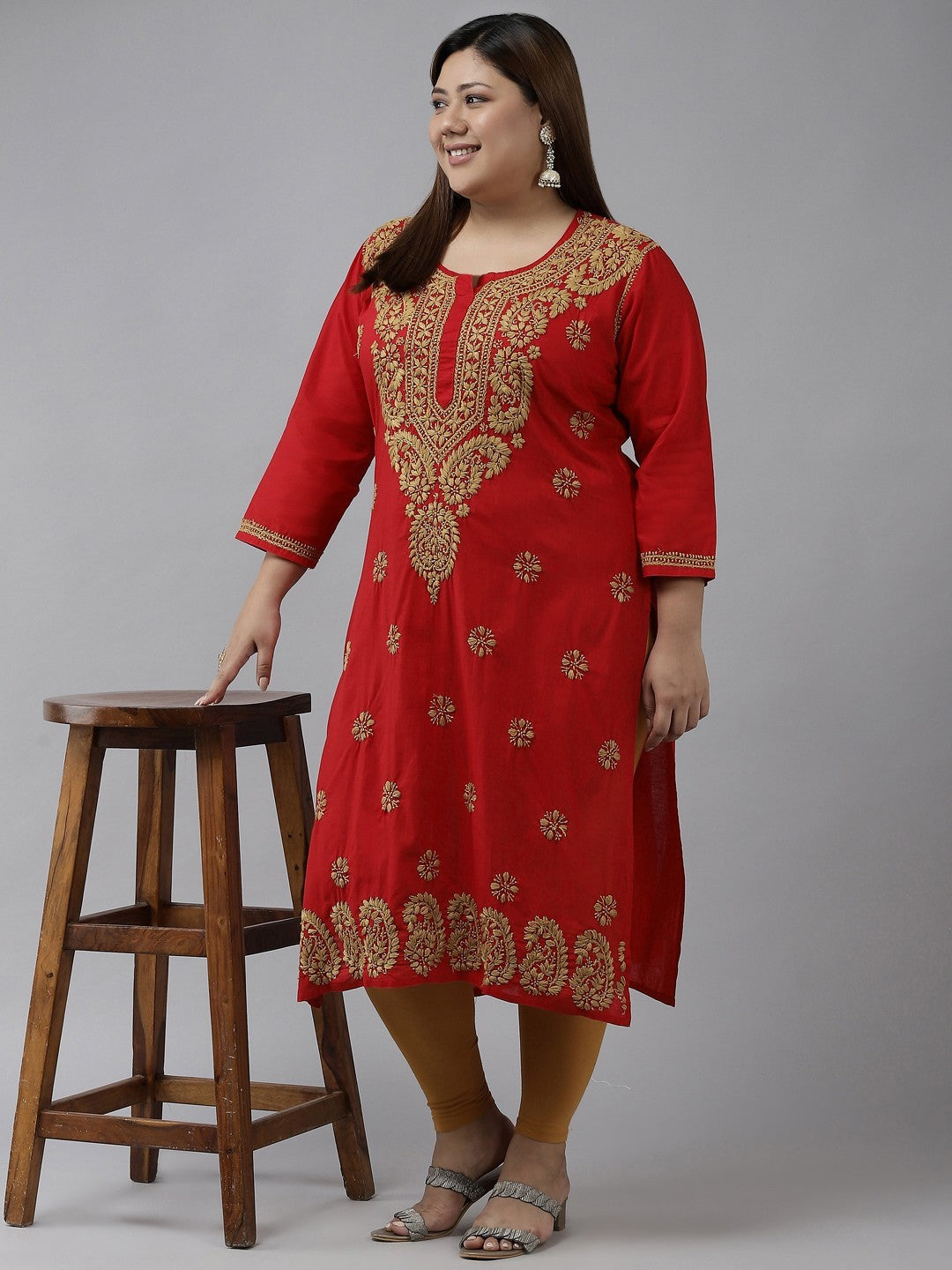Ada Hand Embroidered Red Cotton Lucknowi Chikankari Straight Kurta A188271