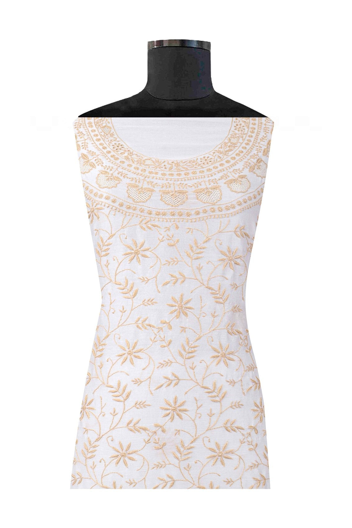 Ada Hand Embroidered Cream Chanderi Lucknowi Chikankari Unstitched Kurta Dupatta Set 01A130056