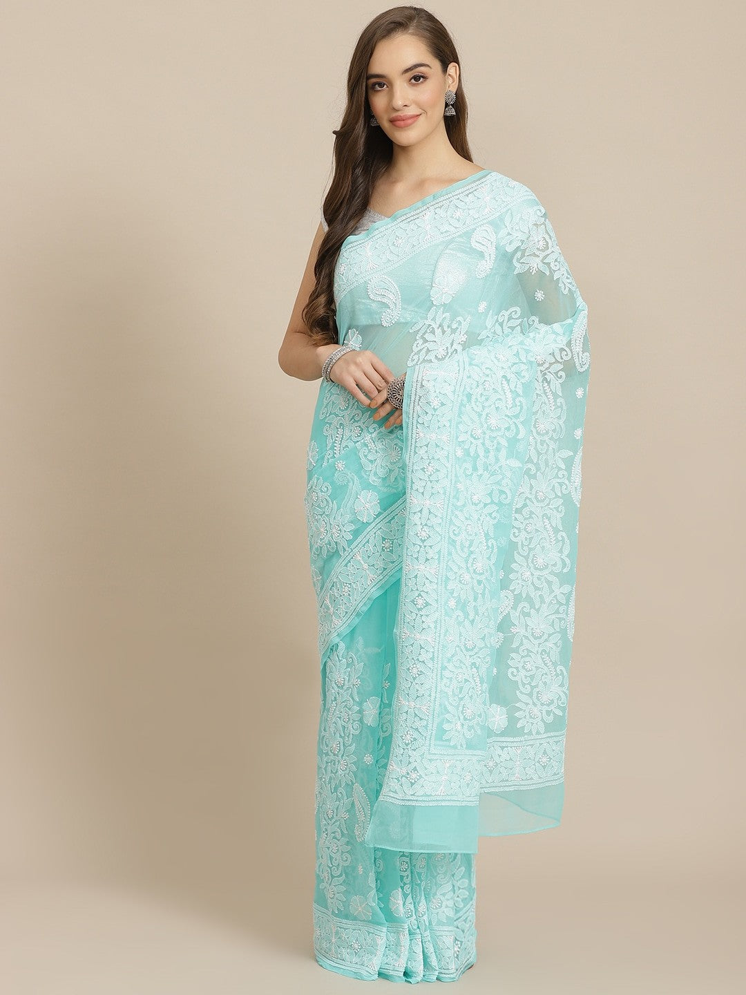 Ada Hand Embroidered Sea Green Georgette Lucknow Chikan Saree With Blouse-A311297