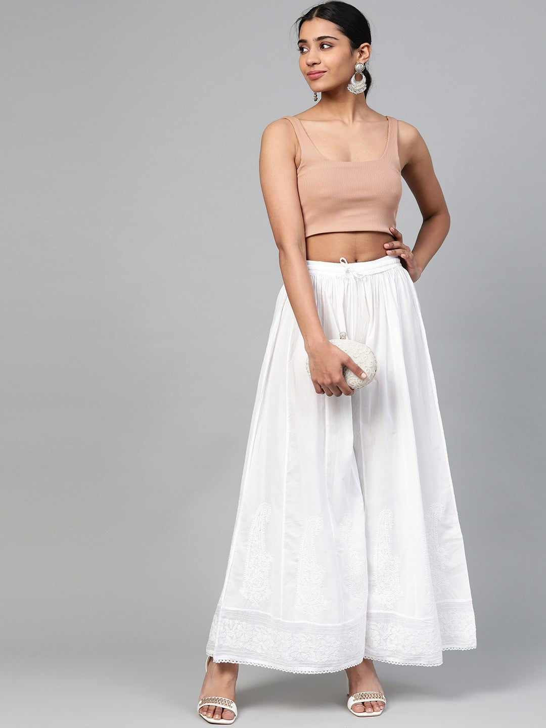 Ada Hand Embroidered White Cotton Lucknowi Chikankari Palazzo A100410