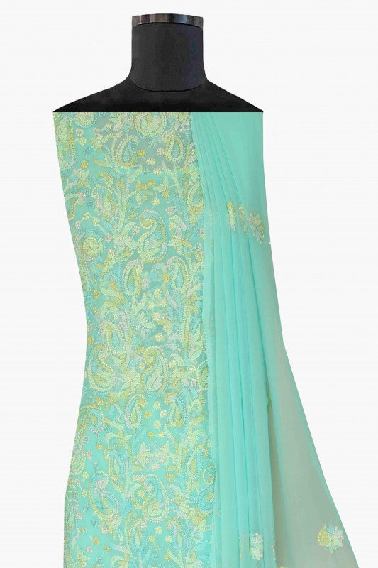Ada Hand Embroidered Sea Green Georgette Lucknowi Chikan Unstitched Suit Piece-A211175