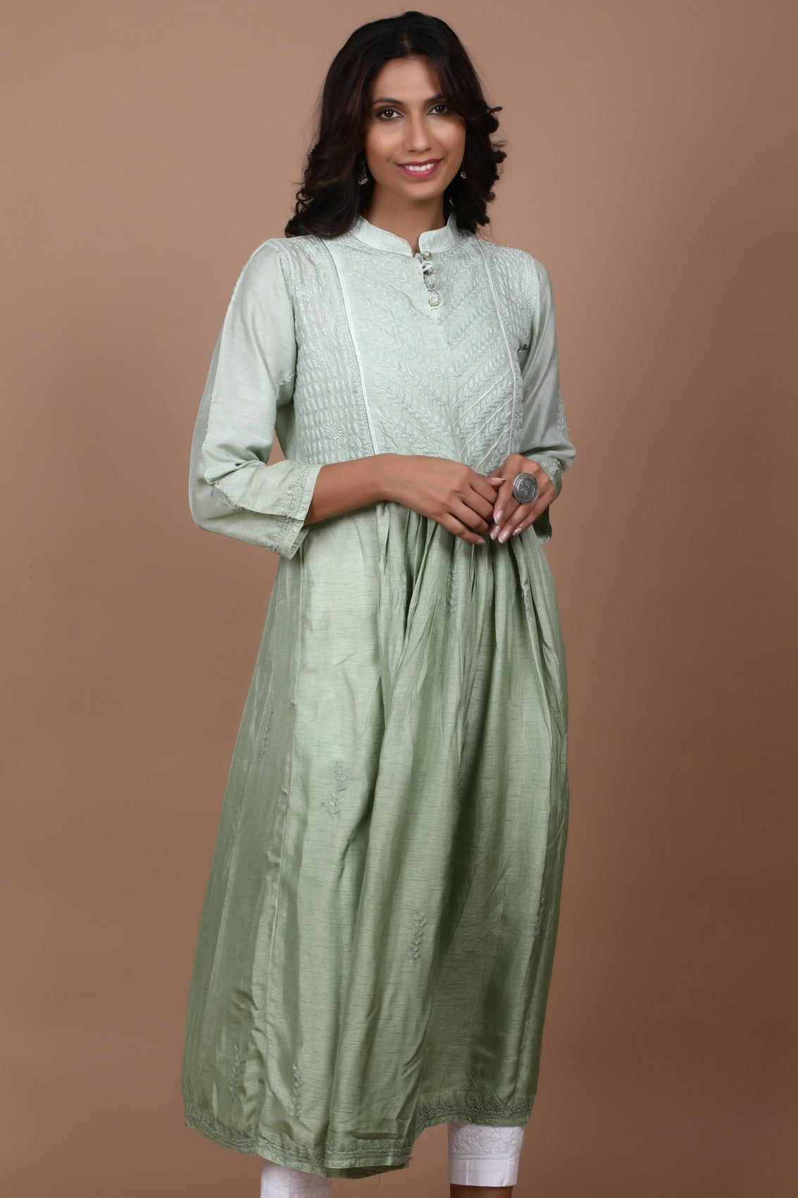 Ada Hand Embroidered Pista Green Chanderi Lucknowi Chikankari A-Line Kurta 01A278811