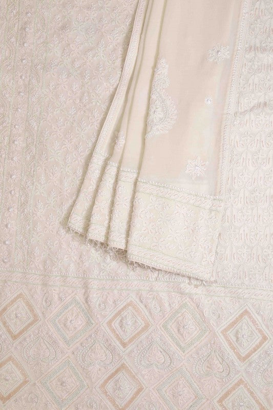 Ada Hand Embroidered White Pure Georgette Lucknowi Chikan Unstitched Kurta Dupatta Set With Pearl Work-A621919