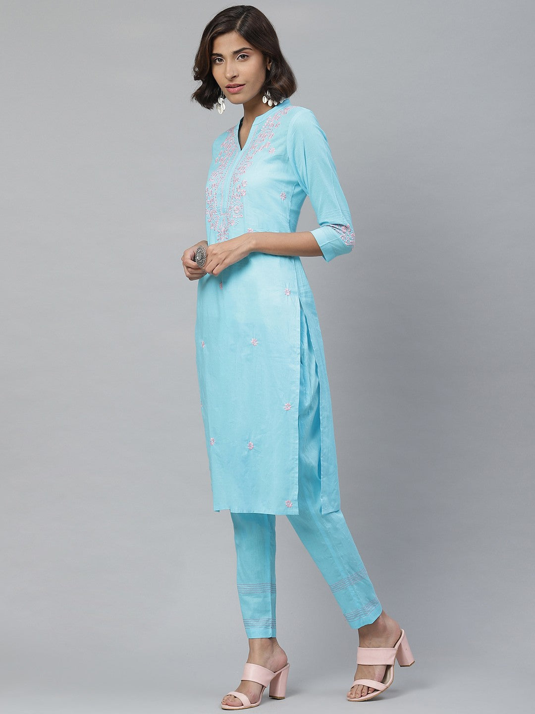 Ada Hand Embroidered Blue Cotton Lucknowi Chikankari Kurta With Trouser Set A100341