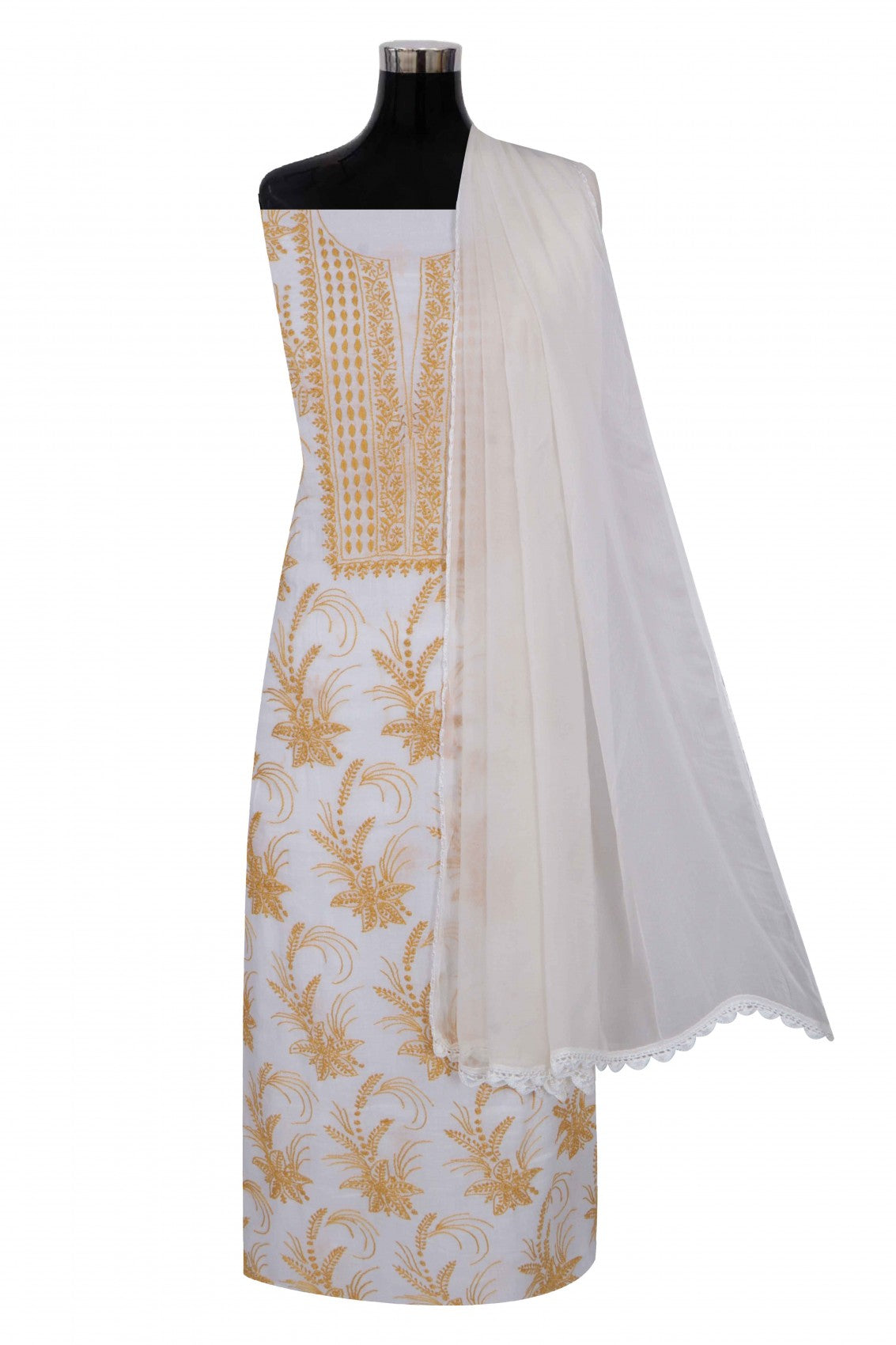 Ada Hand Embroidered White Cotton Lucknowi Chikankari Unstitched Suit Set A570907