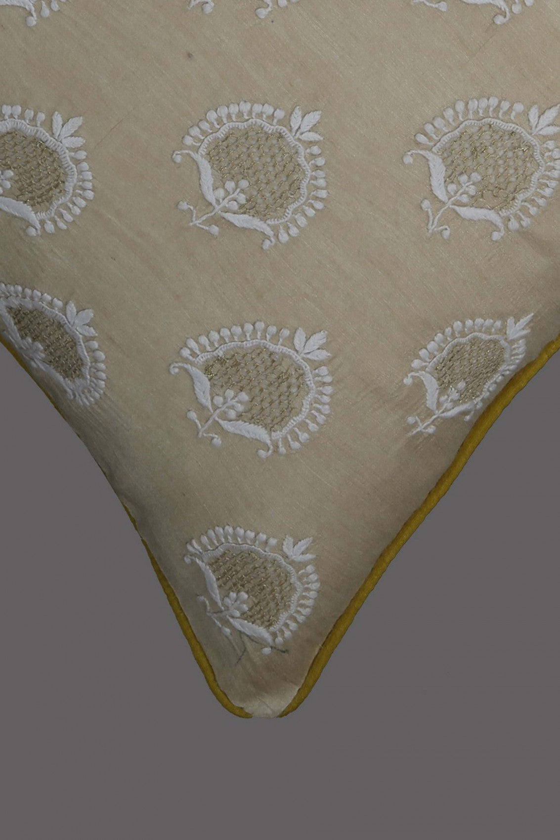 Ada Hand Embroidered Fawn Tusser Silk Lucknowi Chikankari Cushion Cover With Zari Work A507404