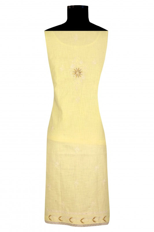 Ada Hand Embroidered Lemon Cotton Lucknowi Chikankari Unstitched Kurta Dupatta Set with Gota Patti Work A251258
