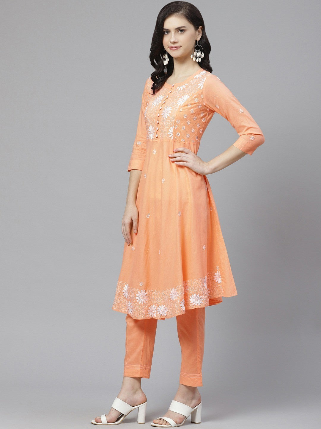 Ada Hand Embroidered Peach Cotton Lucknowi Chikankari Kurta with Trouser Set A100335