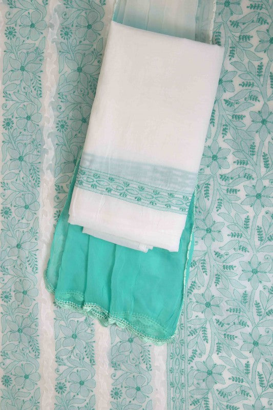 Ada Hand Embroidered White Cotton Lucknowi Chikan Unstitched Suit Piece A609786