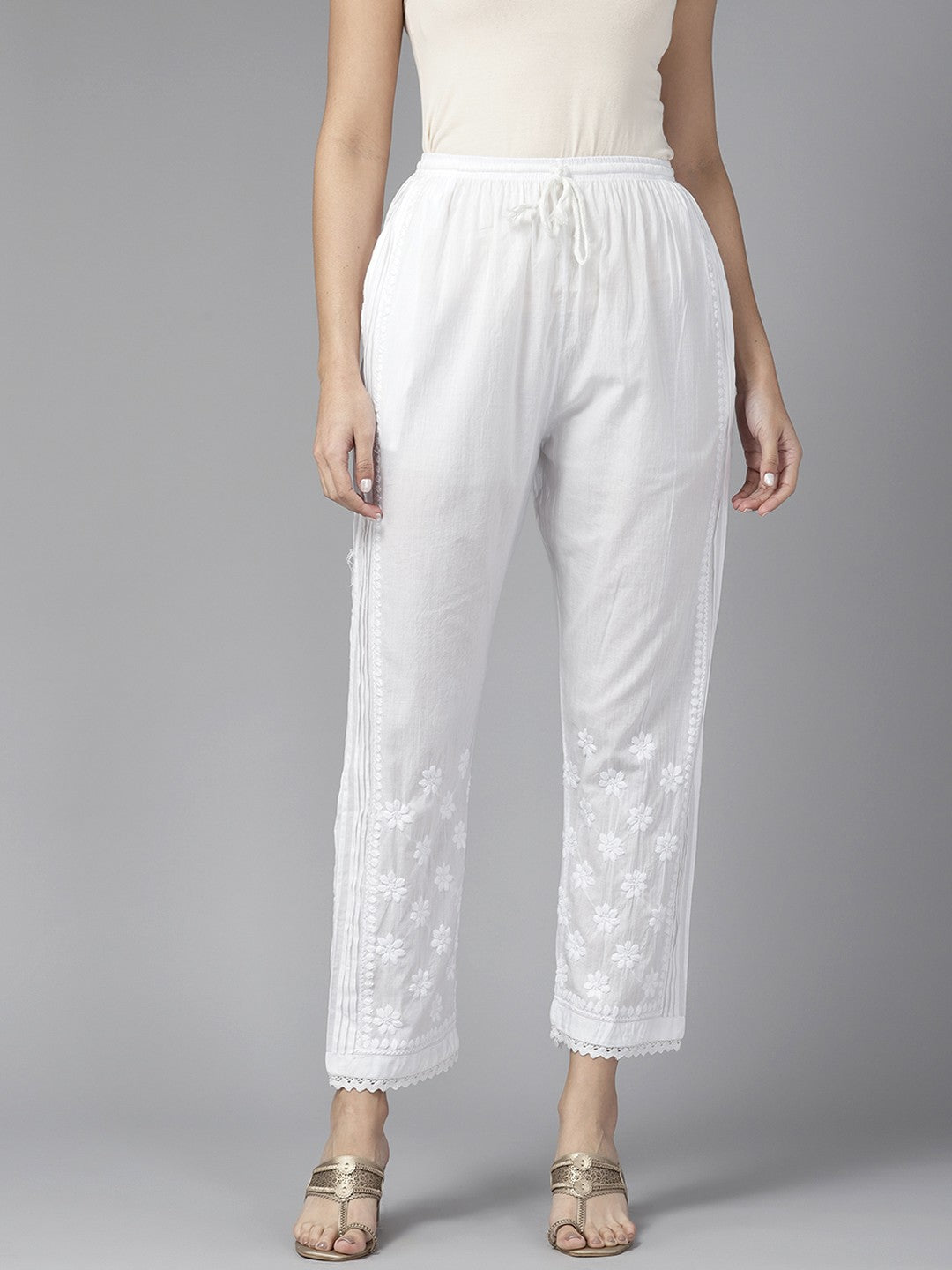 Ada Hand Embroidered White Cotton Lucknowi Chikankari Pant A711172
