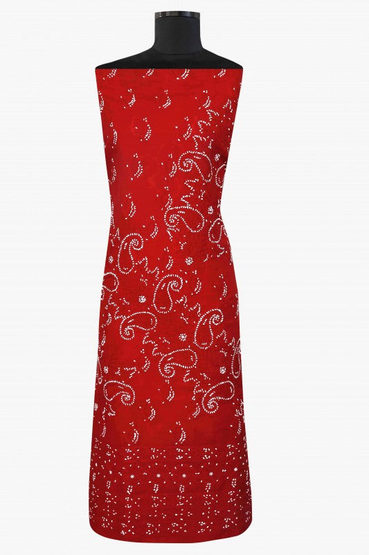 Ada Hand Embroidered Red Cotton Lucknowi Chikan Unstitched Suit Piece–A100155