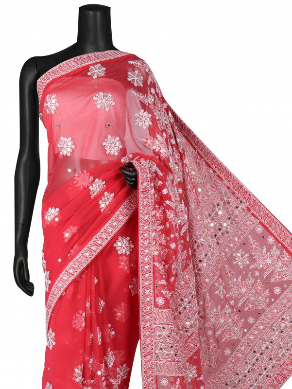 Ada Hand Embroidered Carrot Pink Georgette Lucknowi Chikankari Saree/Blouse With Gota Patti Work A621565
