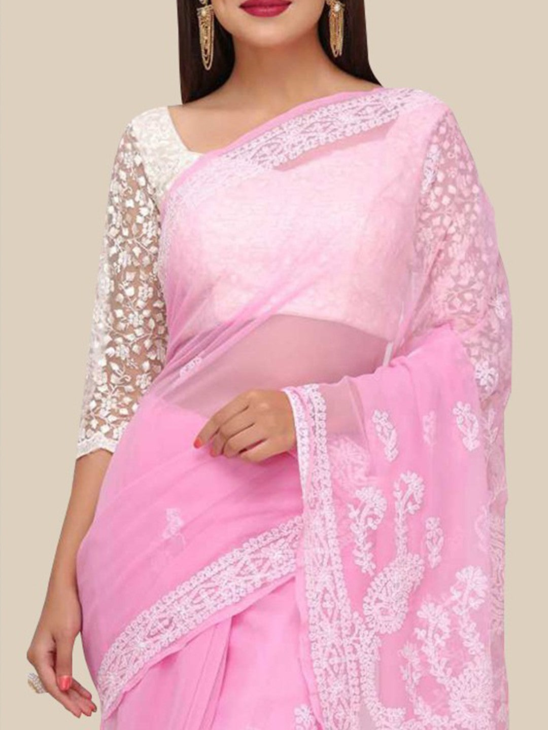 Ada Hand Embroidered Baby Pink Georgette Lucknowi Chikankari Saree with Blouse A204482