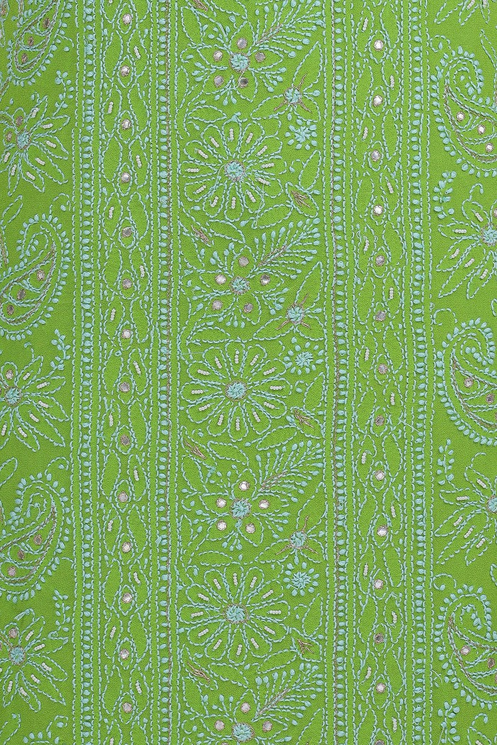 Ada Hand Embroidered Kelly Green Georgette Lucknowi Chikan Unstitched Kurta Piece with Pearl Work A579393