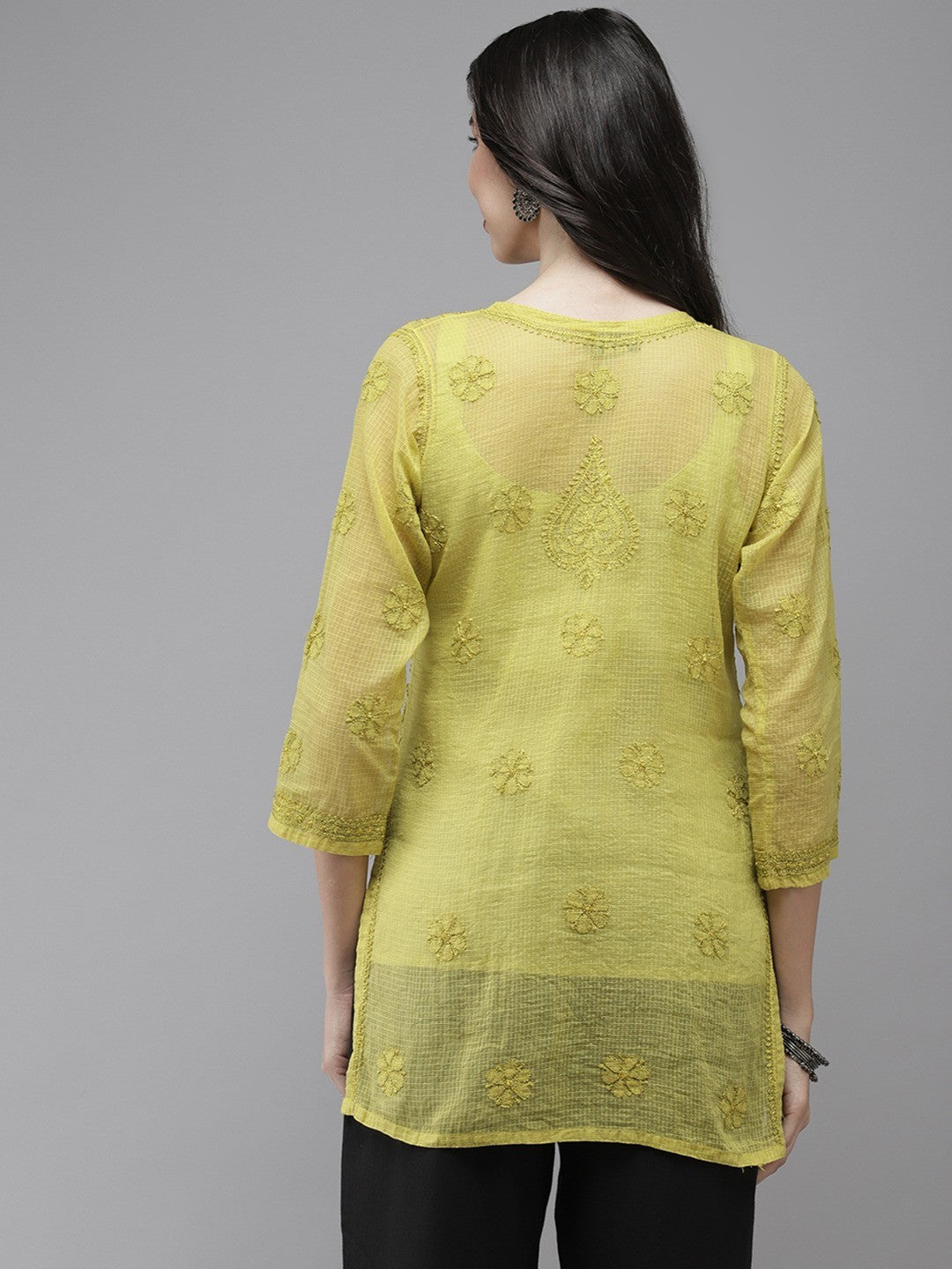 Ada Hand Embroidered Lime Green Kota Lucknowi Chikankari Short Kurti With Slip A911178