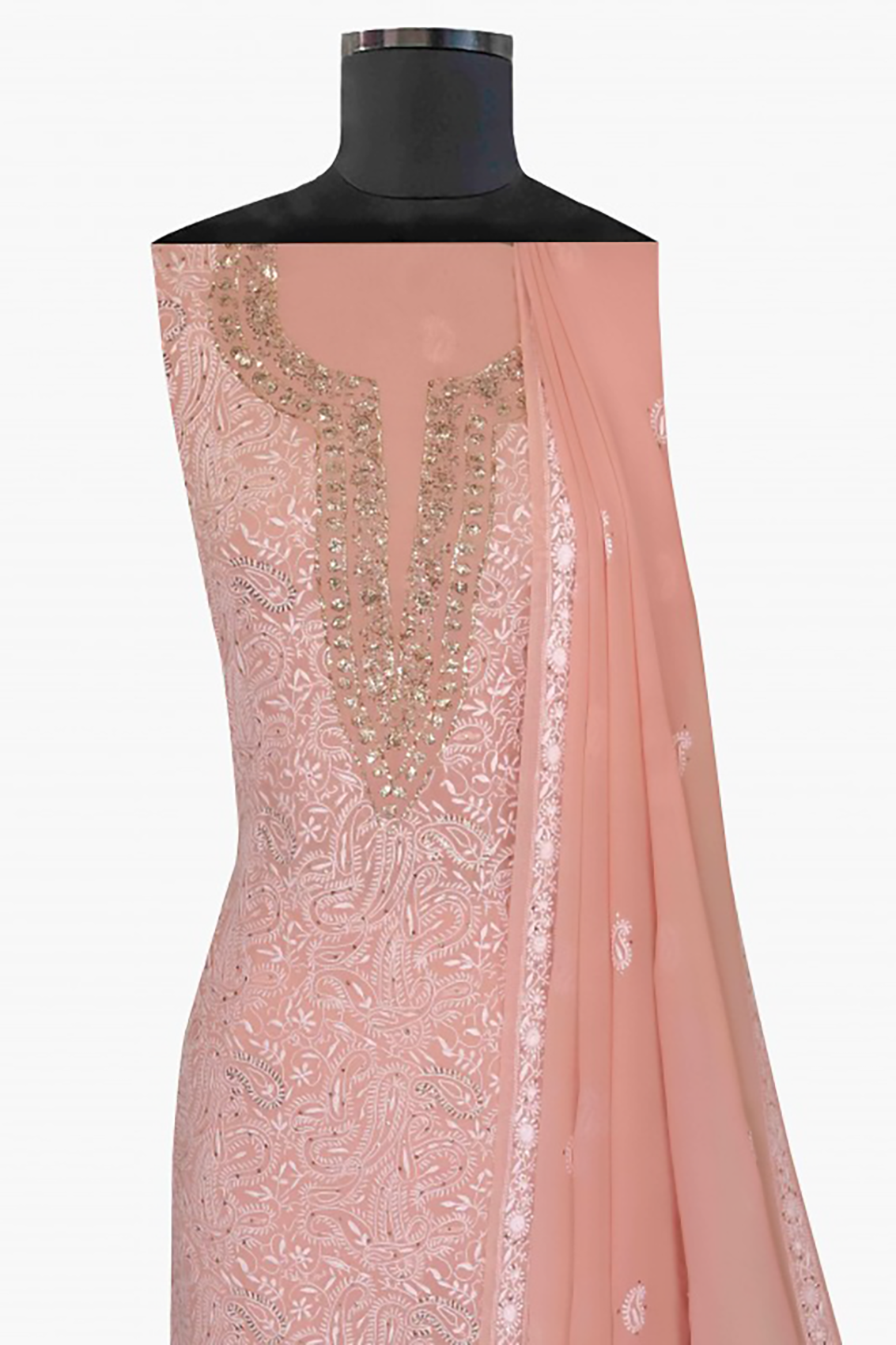 Ada Hand Embroidered Powder Pink Pure Georgette Lucknowi Chikankari Unstitched Kurta Dupatta Set With Muqaish Work A91779
