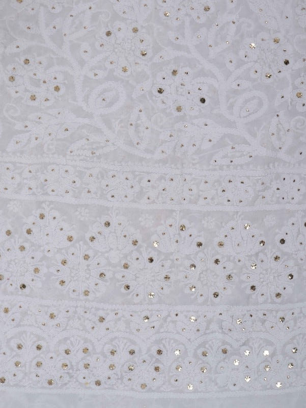 Ada Hand Embroidered White Georgette Lucknowi Chikankari Unstitched Kurta Dupatta Set with Muqaish Work  01A227531