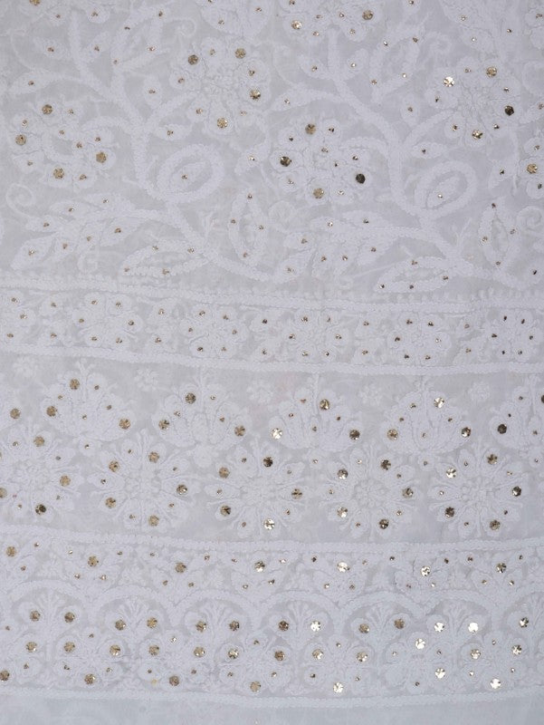 Ada Hand Embroidered White Georgette Lucknowi Chikankari Unstitched Kurta Dupatta Set with Muqaish Work  01A227531