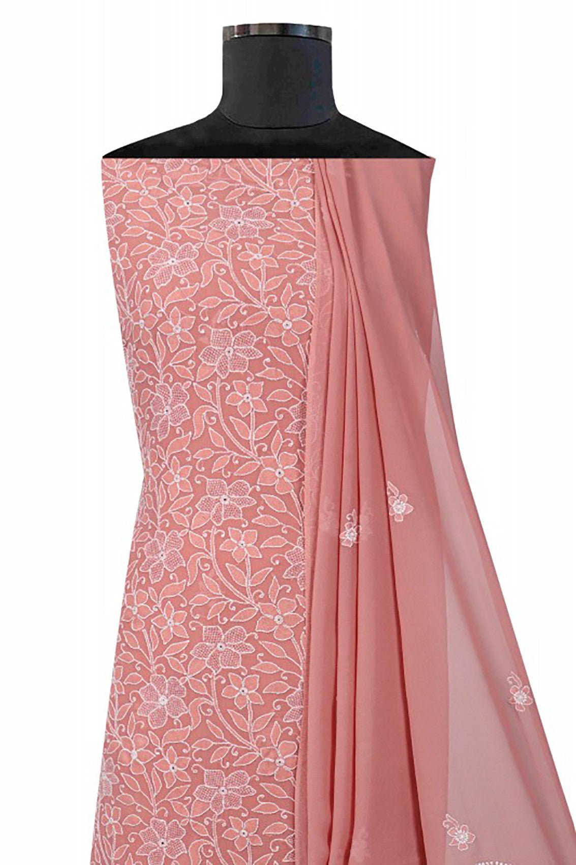 Ada Hand Embroidered Peach Pure Georgette Lucknowi Chikankari Unstitched Kurta Dupatta Set A489072