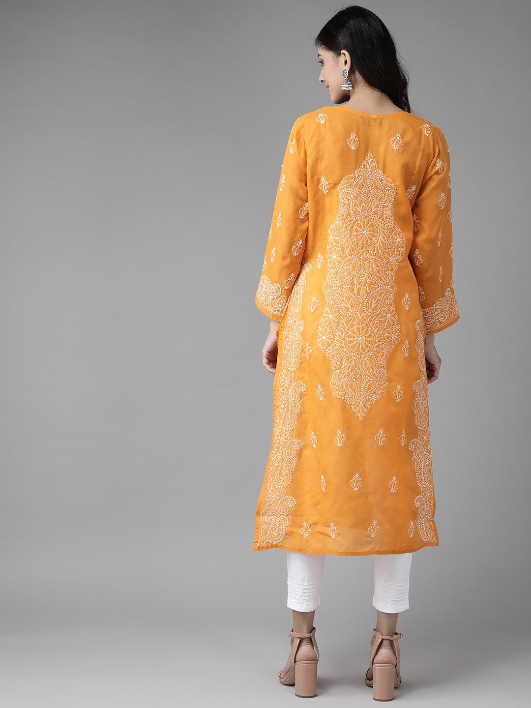 Ada Hand Embroidered Mustard/ White Cotton Lucknowi Chikankari Kurta Set-A811186