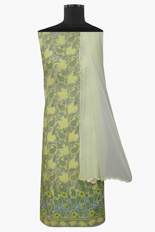Ada Hand Embroidered Lemon Cotton Lucknowi Chikan Unstitched Suit Piece A100164