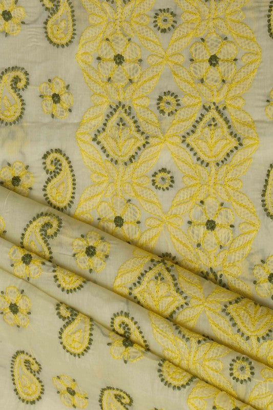 Ada Hand Embroidered Lemon Cotton Lucknowi Chikan Unstitched Suit Piece–A100168